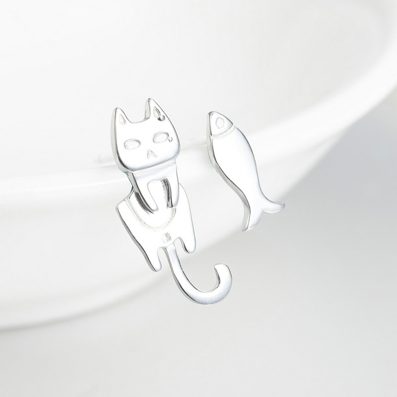 Cercei argint asimetrici pisica si peste placati cu rodiu [4]