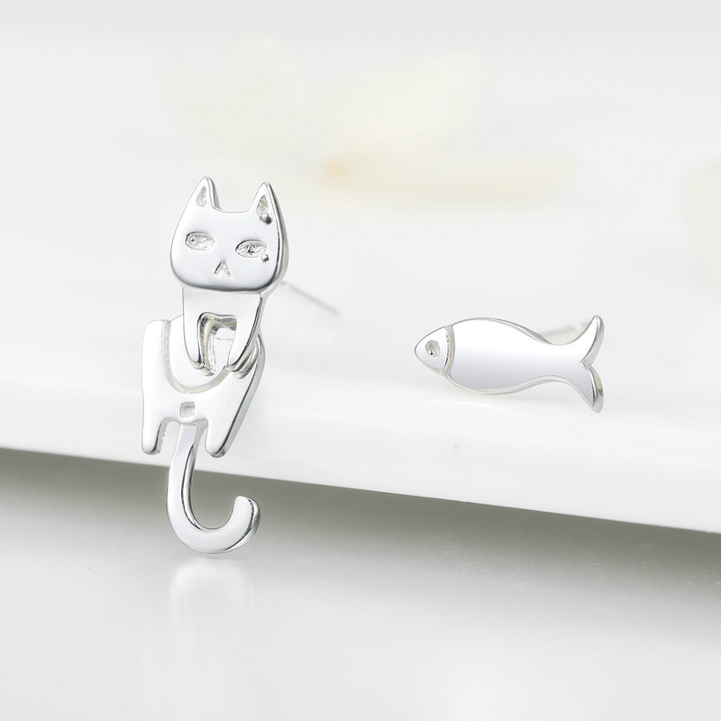 Cercei argint asimetrici pisica si peste placati cu rodiu [2]